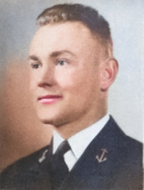 Portrait of cadet Albert O. Vorse from the 1937 United States Naval Academy “Luck Bag” yearbook. [Colorized by WW2DB]