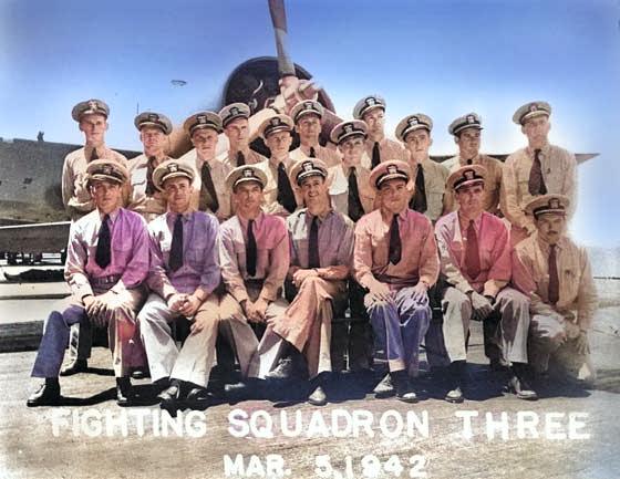 Fighting Squadron Three (VF-3), March 5, 1942. Standing, L to R: Mason, Clark, Sellstrom, Eder, Johnson, Lackey, Haynes, Stanley, Peterson, Dufilho, Lemmon. Sitting: Morgan, Vorse, Lovelace, Thach, Gayler, O'Hare, Rowell. [Colorized by WW2DB]