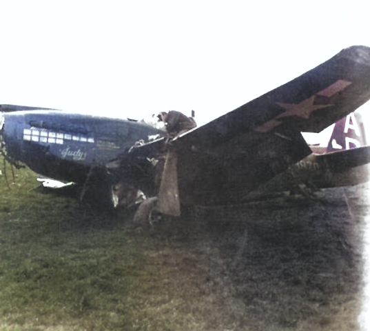 A-36A Mustang aircraft 'Judy' of 522nd Fighter Squadron, US 86th Fighter-Bomber Group after a forced landing at Gaudo Airfield, Southern Italy, 22 Feb 1944 [Colorized by WW2DB]