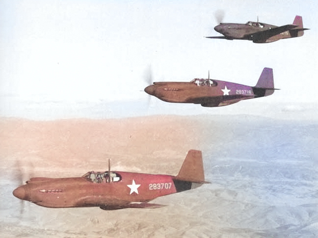 A flight of three A-36A Mustang attack aircraft on a training flight near Savannah, Georgia, United States, 1942; the lead plane was destroyed in a landing accident 8 Jan 1943 [Colorized by WW2DB]