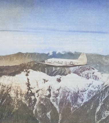 C-46 Commando aircraft flying over the Himalaya Mountains, 1943-1945 [Colorized by WW2DB]