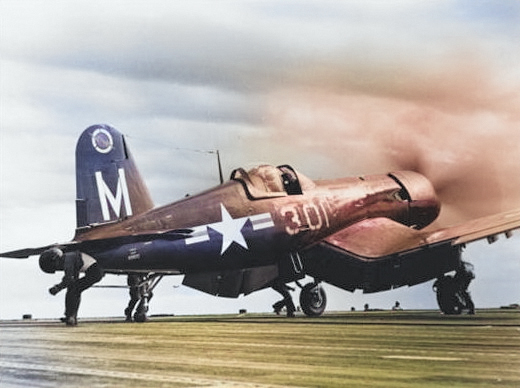 F4U-5 fighter of US Navy squadron VF-23 aboard USS Wright, Nov 1948 [Colorized by WW2DB]