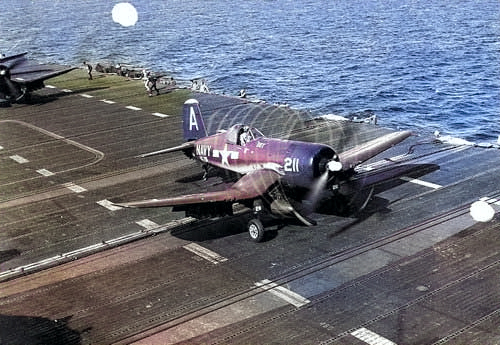 Corsair fighter prepared to take off from USS Boxer, off Korea, 6 Jul 1951 [Colorized by WW2DB]