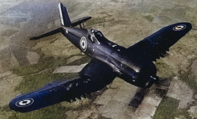 French Navy F4U-7 Corsair fighter in flight, 1952 to early 1953; seen in Mar 1953 issue of US Navy publication US Navy Naval Aviation News [Colorized by WW2DB]