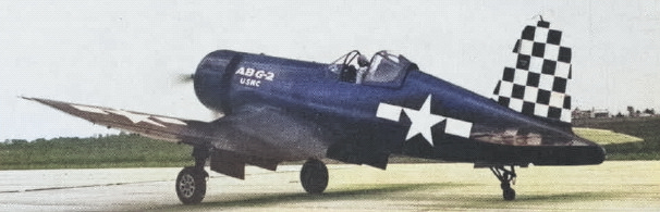 FG-1A Corsair fighter of US Marine Corps group ABG-2, 1940s; seen in Sep 1961 issue of US Navy publication Naval Aviation News [Colorized by WW2DB]