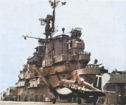 F4U-4 Corsair fighter of US Navy group CVAG-1 aboard USS Tarawa, 1947; seen in Sep 1947 issue of US Navy publication Naval Aviation News [Colorized by WW2DB]