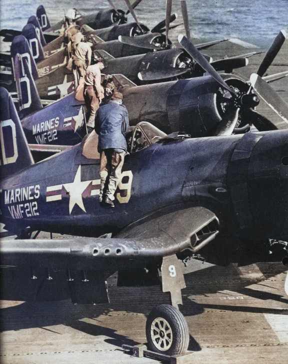 F4U-4 Corsair fighters of US Marine Corps squadron VMF-212 aboard USS Rendova, 1951; seen in Feb 1952 issue of US Navy publication Naval Aviation News [Colorized by WW2DB]