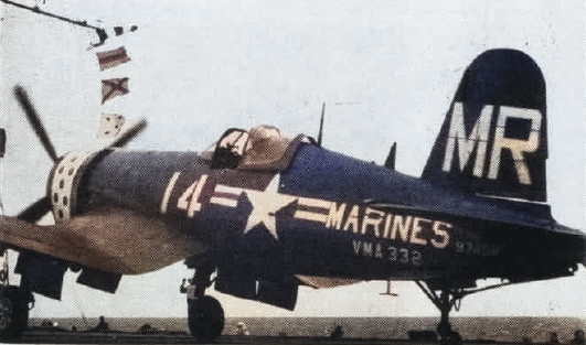 F4U-4 Corsair aircraft of US Marine Corps squadron VMA-332 aboard USS Point Cruz off Korea, 1953; seen in Mar 1954 issue of US Navy publication Naval Aviation News [Colorized by WW2DB]