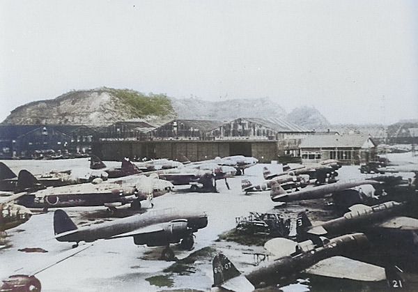 J1N1-S, G4M, C6N, and D4Y aircraft at Yokosuka Naval Air Depot, Japan, late 1945, photo 2 of 2 [Colorized by WW2DB]