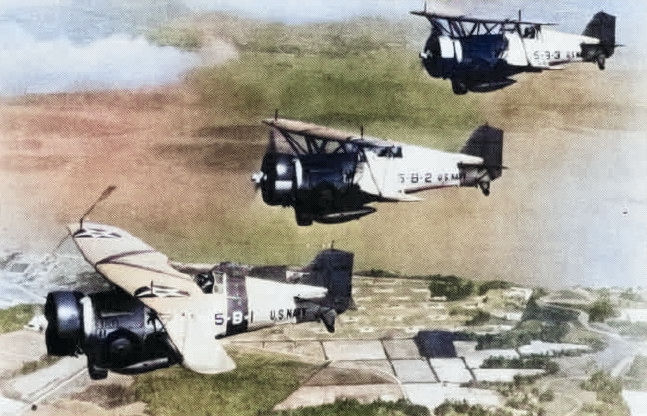 BF2C-1 Goshawk fighters of US Navy squadron VB-5 in flight, 1934; seen in Jan-Feb 1986 issue of US Navy publication Naval Aviation News [Colorized by WW2DB]