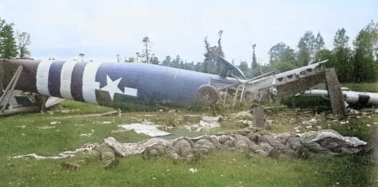 Horsa glider and the remains of its occupants, Cotentin Peninsula, France, Jun 1944 [Colorized by WW2DB]