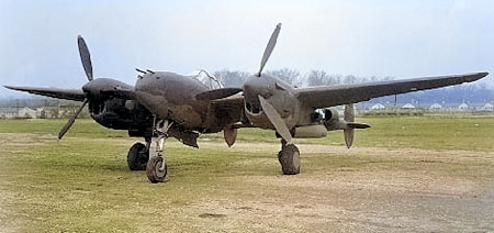 P-38J Lightning aircraft at rest, 1943-1945 [Colorized by WW2DB]