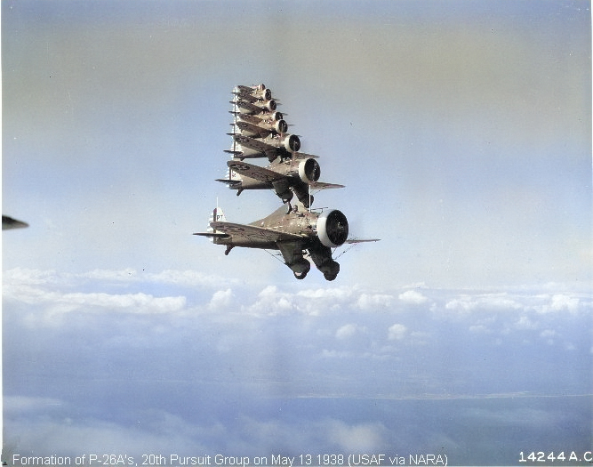 P-26A Peashooter fighters of USAAC 20th Pursuit Group flying in formation, 1930s [Colorized by WW2DB]