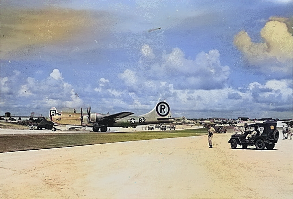 B-29 Superfortress bomber 'Enola Gay' at Tinian, Mariana Islands immediately after the atomic bombing of Hiroshima, Japan, 6 Aug 1945 [Colorized by WW2DB]