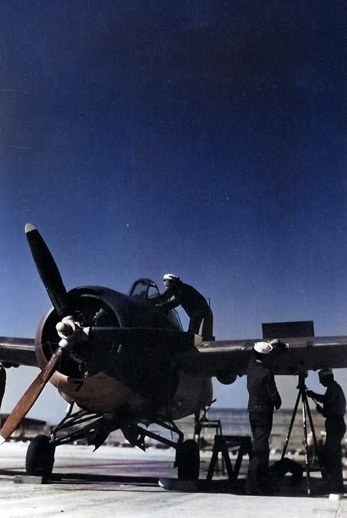 Wildcat receiving maintenance in the United States, circa 1942-1943 [Colorized by WW2DB]