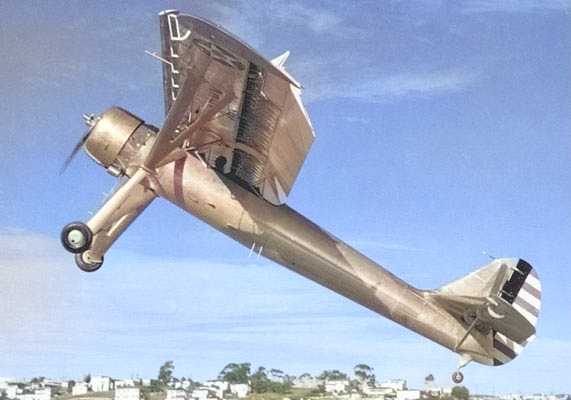 YO-51 Dragonfly prototype aircraft taking off, 1940, photo 1 of 2 [Colorized by WW2DB]