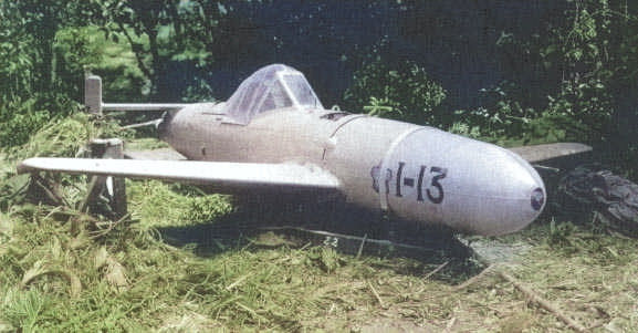 MXY7 Ohka Model 11 aircraft I-13, captured by Americans at Yontan airfield, Okinawa, Japan, Apr 1945, photo 1 of 2 [Colorized by WW2DB]