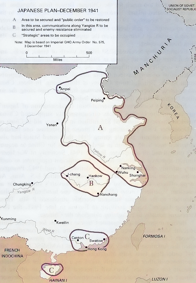 Map depicting Japanese plans for occupying China immediately before launching the third attack on Changsha, China, 3 Dec 1941 [Colorized by WW2DB]