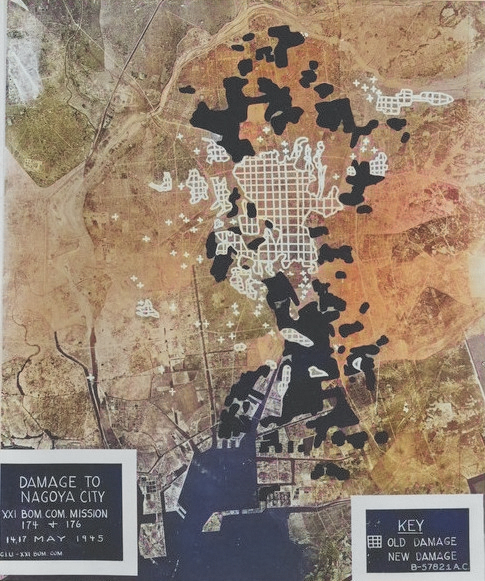 USAAF study of damage to Nagoya, Japan done by aerial bombing on 14 and 17 May 1945 [Colorized by WW2DB]