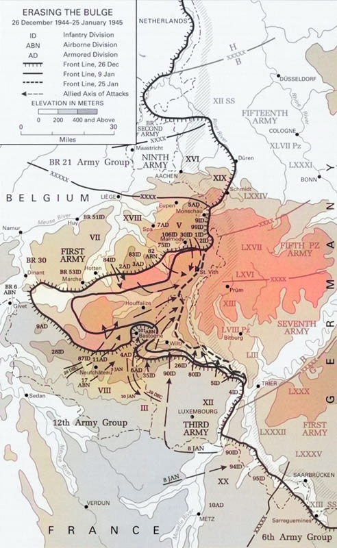 Map showing American troops reclaiming territory lost during early days of the Battle of the Bulge, 26 Dec 1944-5 Jan 1945 [Colorized by WW2DB]