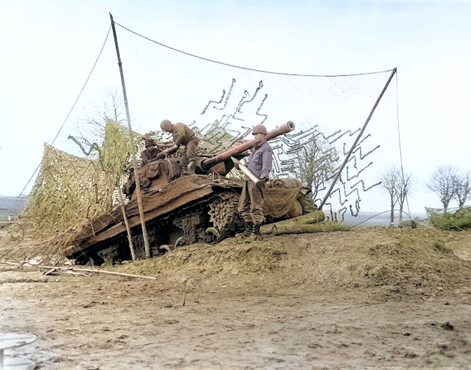 M36 Jackson tank destroyer of Battery C, 702nd Tank Destroyer Battalion, US 2nd Armored Division dug in near the Roer River, Belgium, 16 Dec 1944 [Colorized by WW2DB]