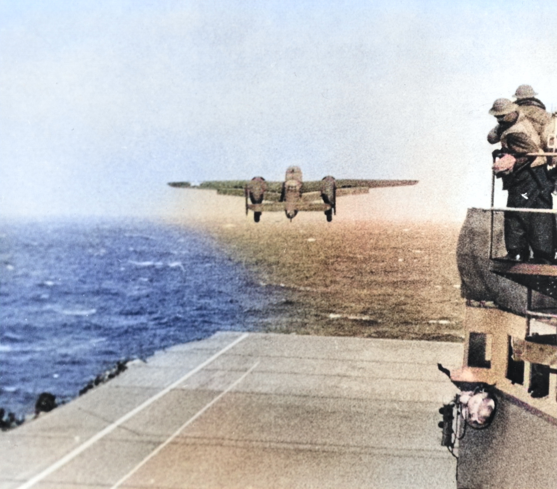 US B-25 taking off from USS Hornet for the Doolittle Raid, 18 Apr 1942 [Colorized by WW2DB]