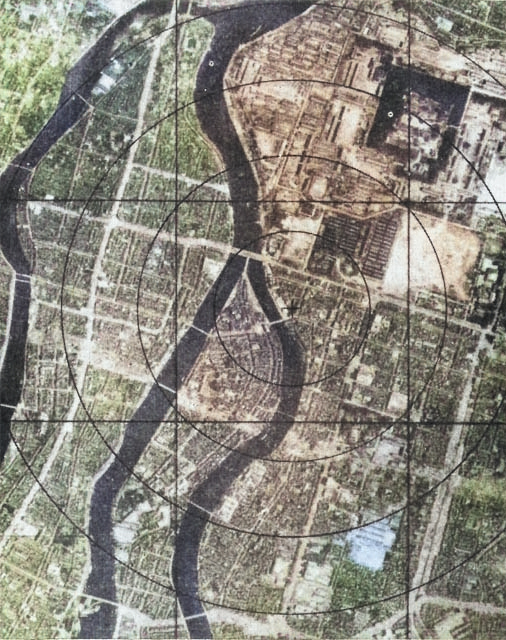 Aerial photo of Hiroshima, Japan shortly prior to the atomic bombing, Jul-Aug 1945, photo 1 of 2 [Colorized by WW2DB]