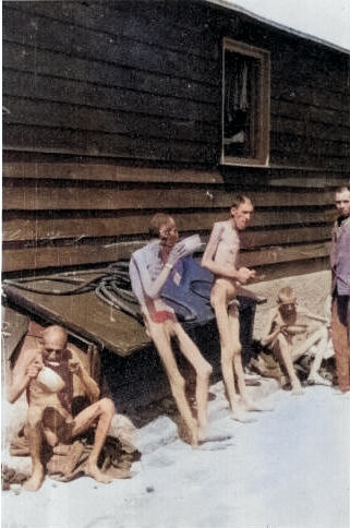 Former prisoners of the Mauthausen-Gusen Concentration Camp shortly after liberation, Austria, Jun 1945 [Colorized by WW2DB]