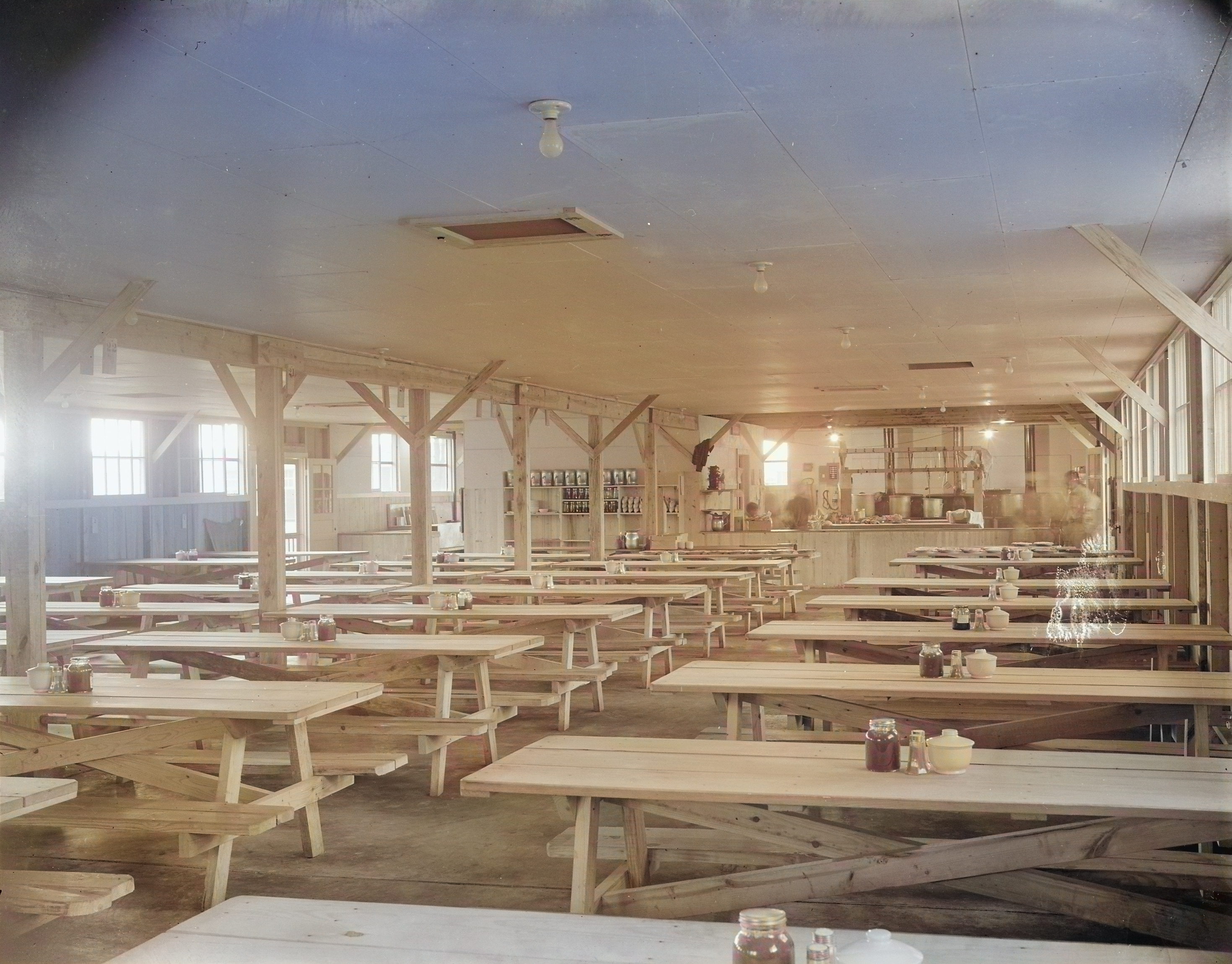 Mess hall of Block 7 of Jerome War Relocation Center, Arkansas, United States, 16 Nov 1942 [Colorized by WW2DB]