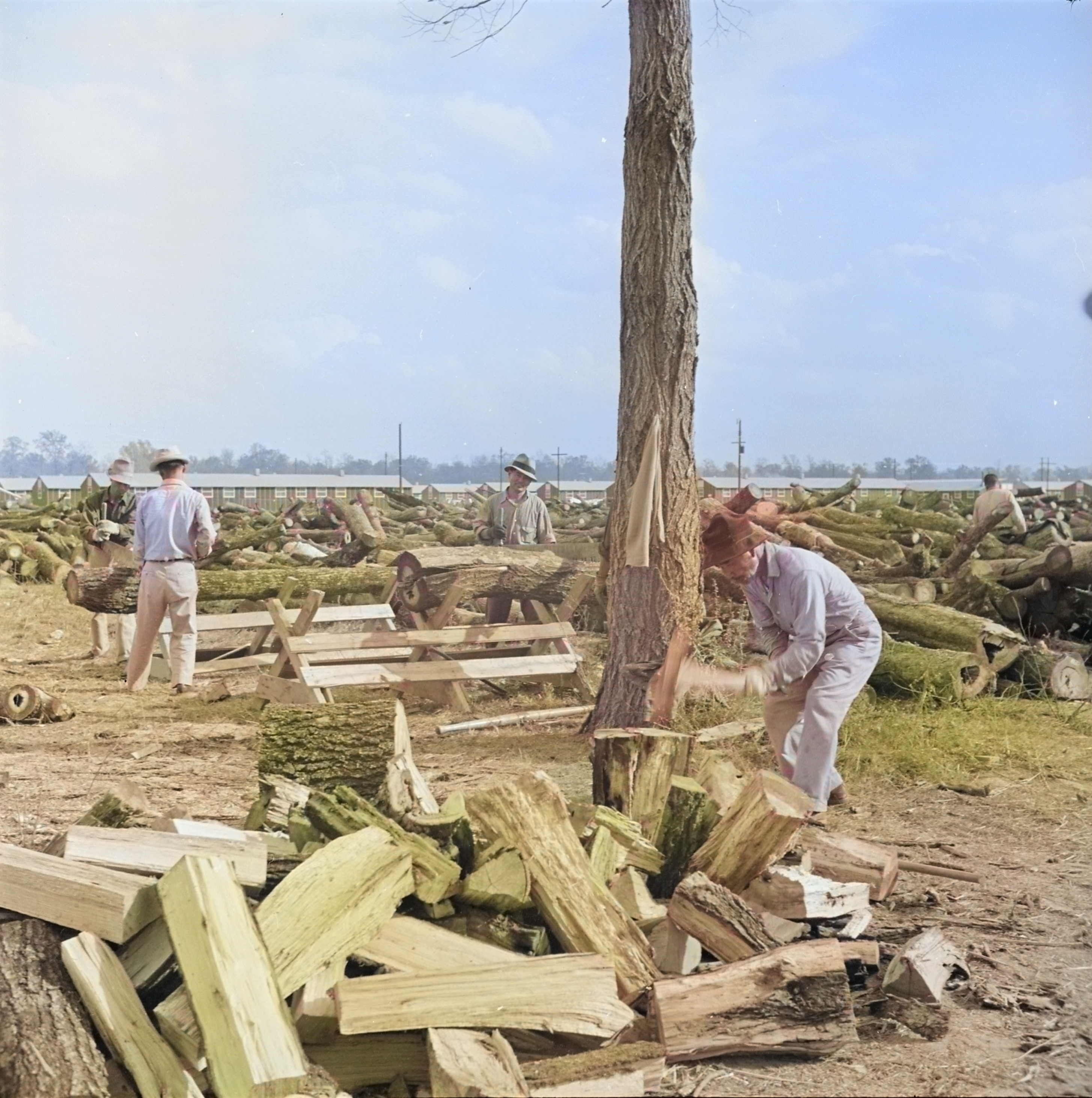 Woodcutting at Jerome War Relocation Center, Arkansas, United States, 17 Nov 1942, photo 1 of 2 [Colorized by WW2DB]