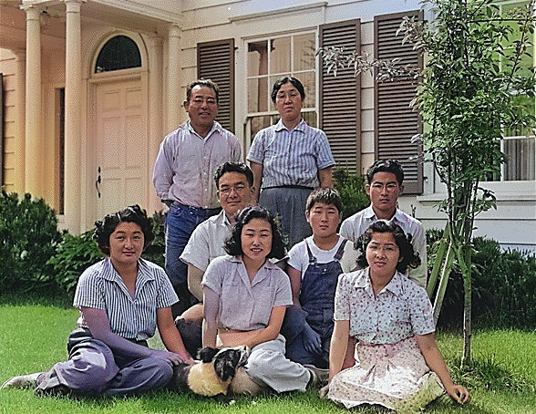 Japanese-American members of the Shibuya family posing for a family portrait shortly prior to being forcibly evacuated from their home, Mountain View, California, United States, 18 Apr 1942 [Colorized by WW2DB]