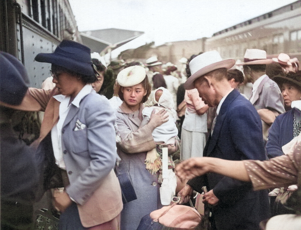 Japanese-Americans returning to Sacramento, California, United States after being released from Rohwer Center internment camp in McGehee, Arkansas, United States, 30 Jul 1945 [Colorized by WW2DB]