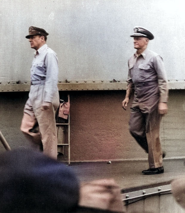 MacArthur and Nimitz arrived on USS Missouri for the signing of the instrument of surrender [Colorized by WW2DB]