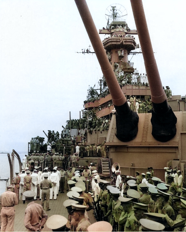 The Japanese delegation arriving aboard USS Missouri, Tokyo Bay, Japan, Photo 2 of 7 [Colorized by WW2DB]