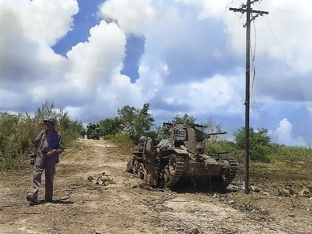 US Marines checking out a disabled Japanese tank, Tinian, Mariana Islands, Jul or Aug 1944 [Colorized by WW2DB]