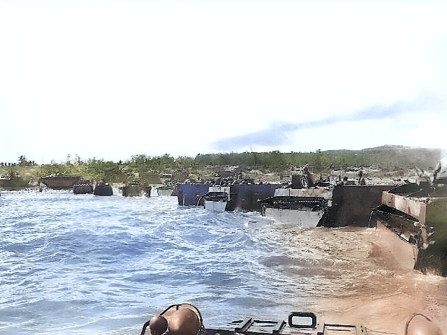 Amtracs moving onto Tinian beach, Mariana Islands, Jul 1944 [Colorized by WW2DB]