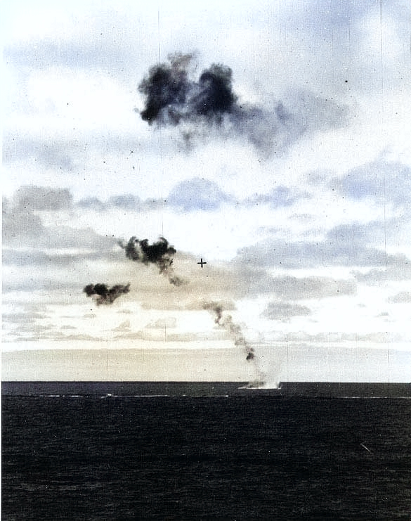 A B5N torpedo bomber shot down by Yorktown's anti-aircraft fire crashing into the sea, 4 Jun 1942, photo 2 of 2 [Colorized by WW2DB]