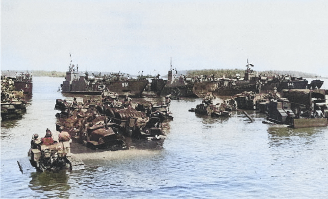 American transports unloading supplies at Morotai, Sep 1944, photo 1 of 2 [Colorized by WW2DB]