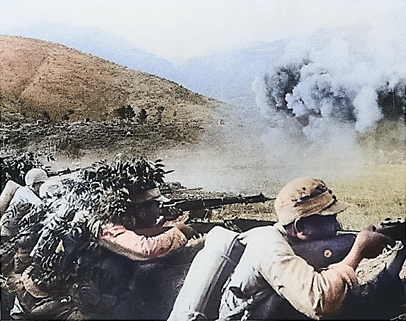 Chinese soldiers defending a position in Yunnan, China along the Nu (Salween) River, circa Jun 1943 [Colorized by WW2DB]