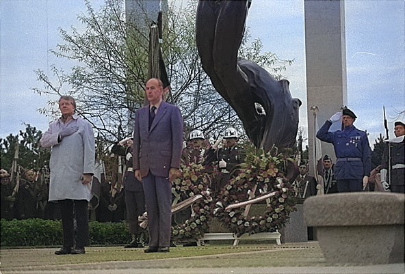 Jimmy Carter and Giscard d'Estaing visited monument on Omaha Beach, Normandy, 5 Jan 1978 [Colorized by WW2DB]