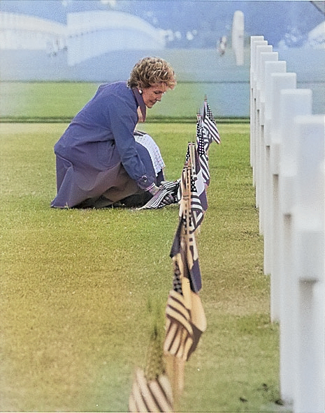 Mrs. Nancy Reagan laying flowers at the Omaha Beach Memorial Cemetery, Normandy, France, 11 Jun 1982 [Colorized by WW2DB]