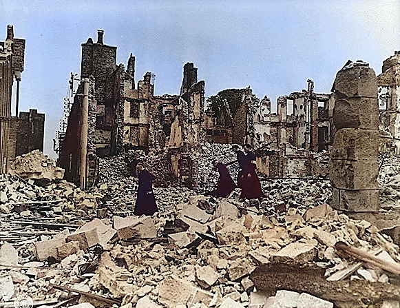 Church in Coutances, France devastated by Operation Cobra bombing, 14 Aug 1944 [Colorized by WW2DB]