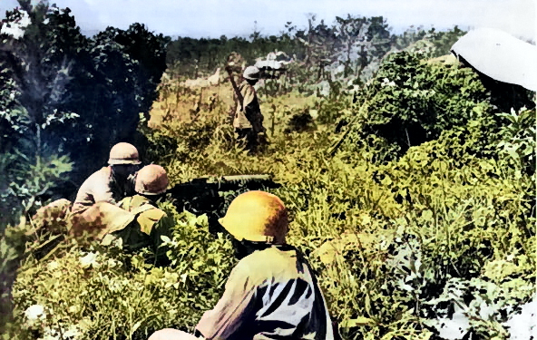 Browning M1917A1 machine gun crew of US 96th Division on the top of Yaeju-Dake Hill, Okinawa, Japan, 18 Jun 1945; note yellow cloth front lines marker on right [Colorized by WW2DB]