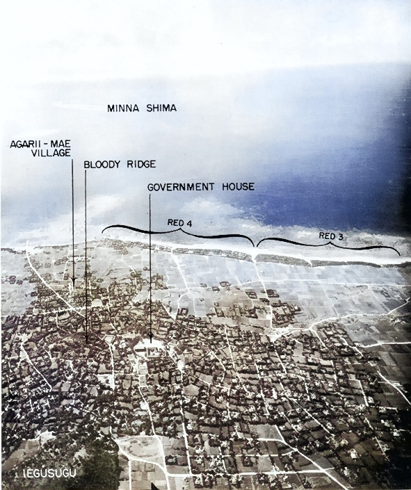 Town of Ie viewed from Iegusugu Pinnacle, with Red 3 and Red 4 beaches beyond, Ie Shima, Japan, 1945 [Colorized by WW2DB]