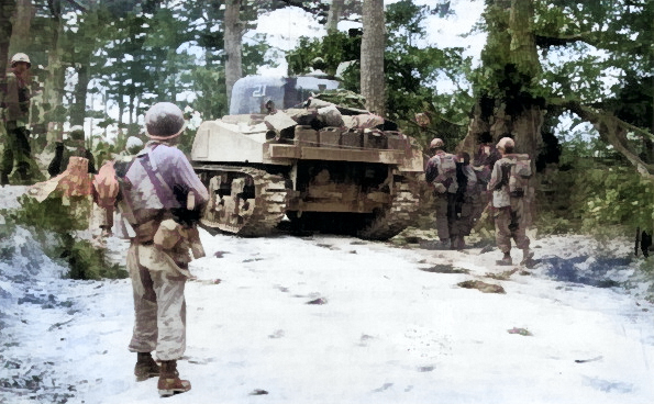 Men and M4 Sherman tank of the 382nd Infantry Regiment, US 96th Division on the Ginowan Road, Okinawa, Japan, circa Apr-Jun 1945 [Colorized by WW2DB]