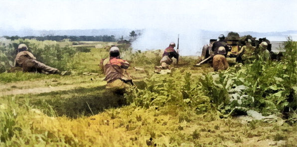 Men of the 383nd Infantry Regiment, US 96th Division firing at a Japanese position in the Mashiki area, Okinawa, Japan, circa Apr 1945 [Colorized by WW2DB]