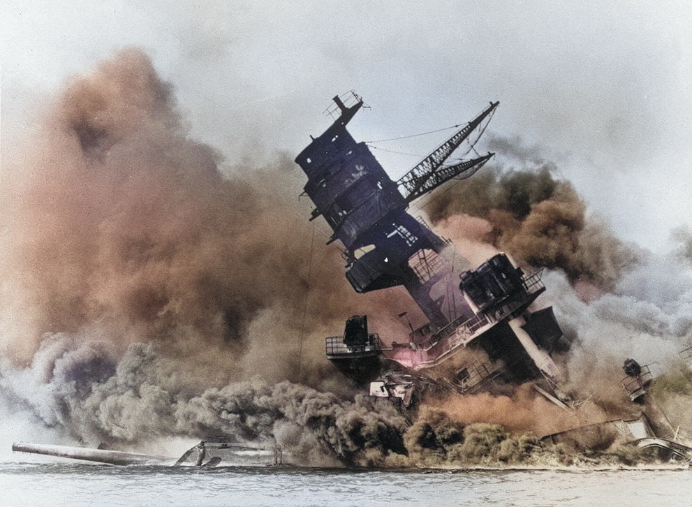 USS Arizona burning at Pearl Harbor, 7 Dec 1941, photo 4 of 5 [Colorized by WW2DB]