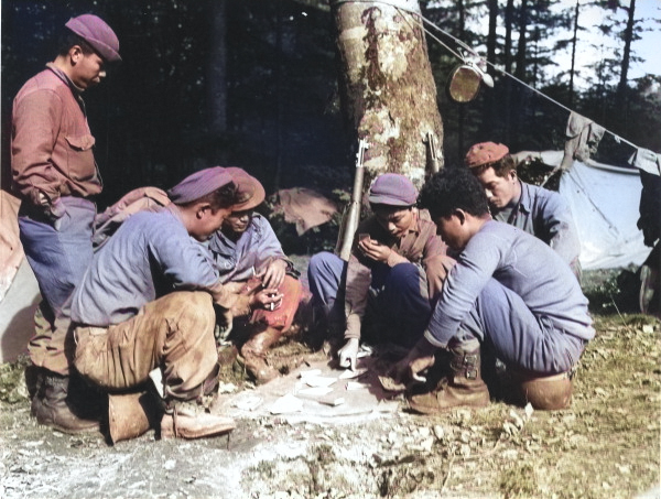 Japanese-American troops of the 100th Infantry Battalion, 442nd Regiment, US 34th Infantry Division resting in bivouac, France, 7 Oct 1944 [Colorized by WW2DB]