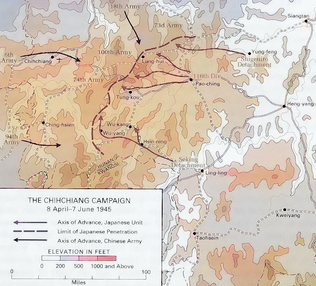 Map depicting the Battle of Zhijiang, 8 Apr-7 Jun 1945 [Colorized by WW2DB]