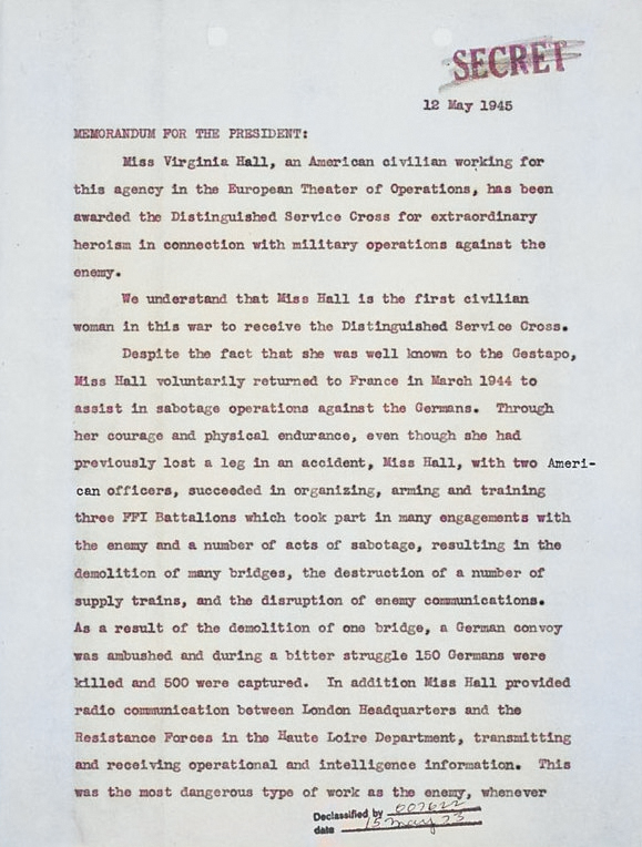 William Donovan's memorandum to Harry Truman regarding Virginia Hall, 12 May 1945, page 1 of 2 [Colorized by WW2DB]